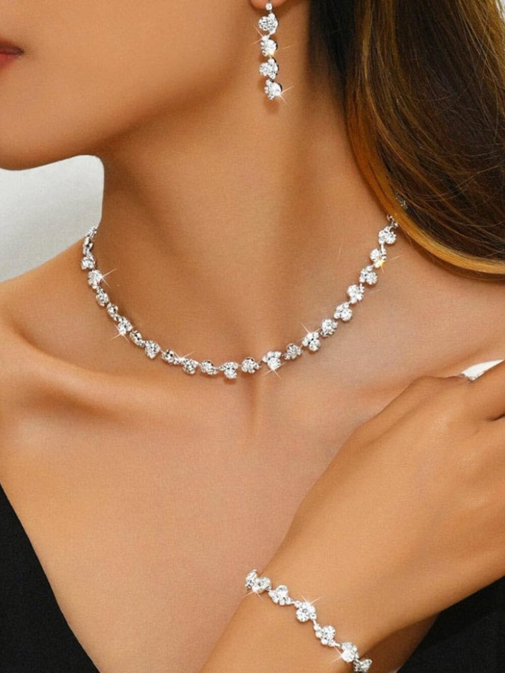 Bridal Wedding Jewelry Set Silver Rhinestones Choker Necklaces Earrings Bracelet - Picture 3 of 7